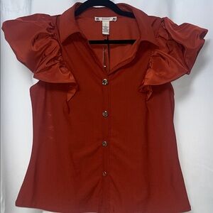 Satin Ruffle Sleeve Blouse - Rust